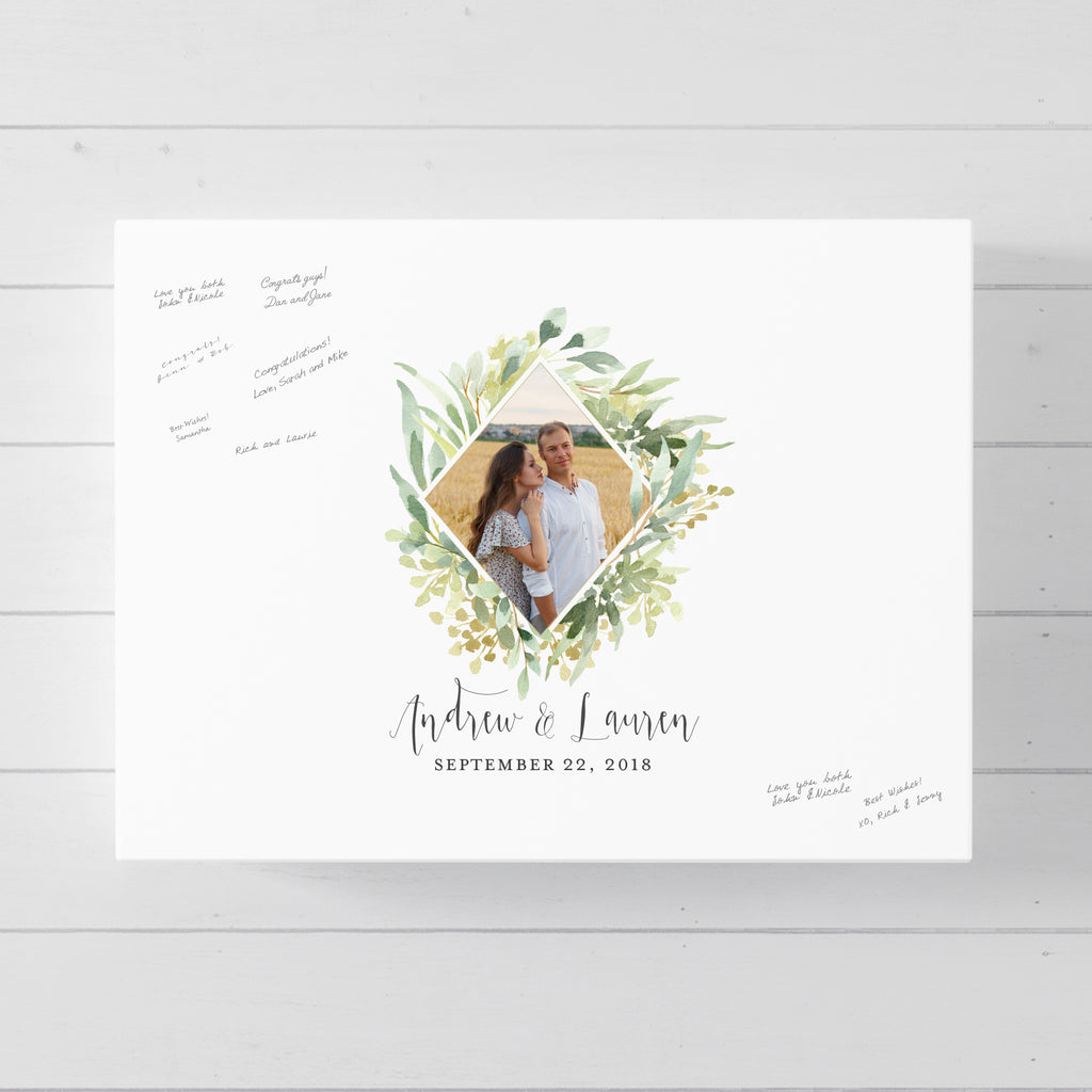 Greenery Diamond Wreath Wedding Guest Book Alternative //  Poster or Canvas