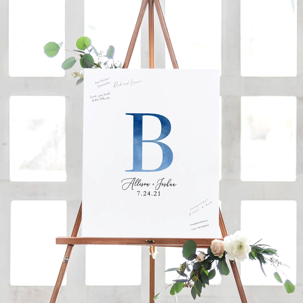 Monogram Navy Watercolor Wedding GuestBook Alternative // Poster or Canvas