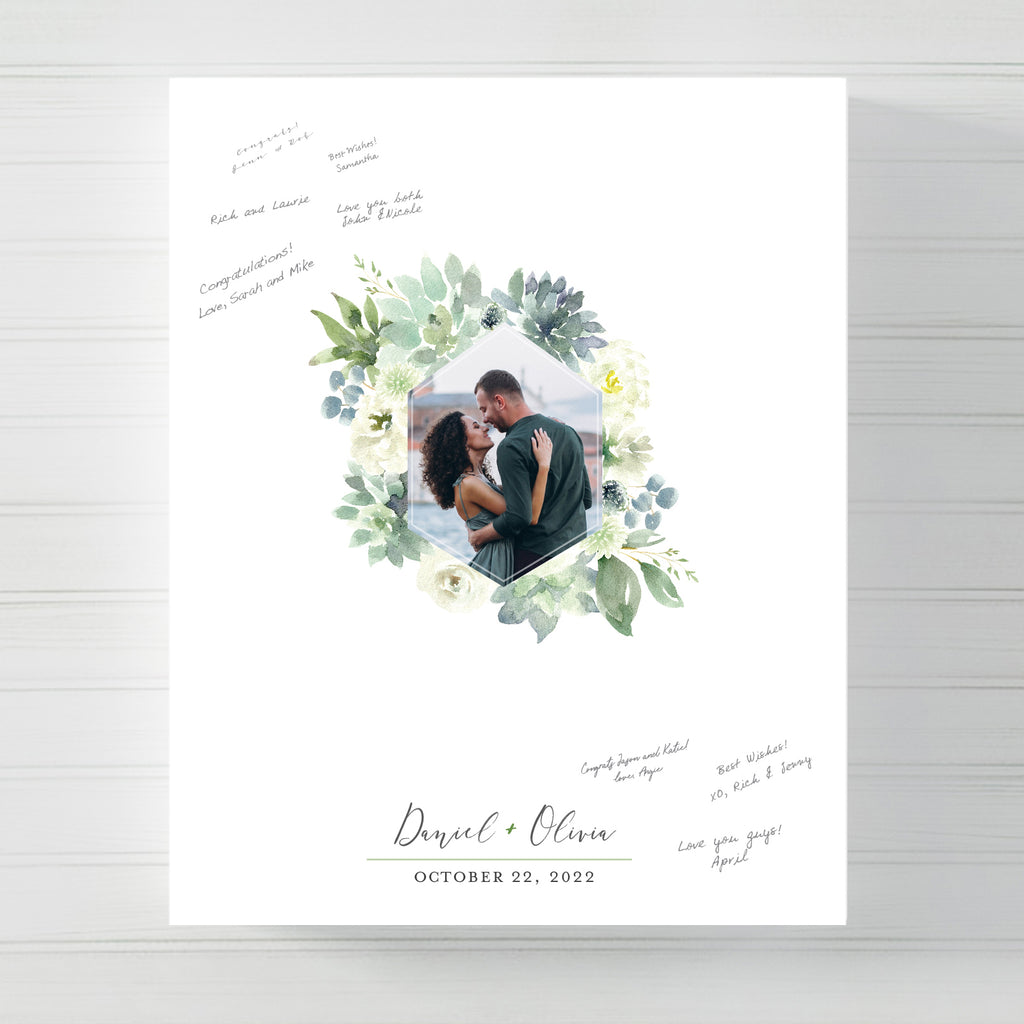 Floral Watercolor Wreath Wedding Guest Book Alternative with Photo //  Poster or Canvas