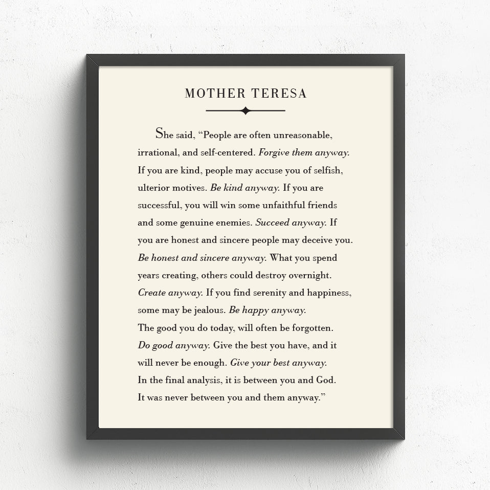 Mother Teresa Quote Literary Print // Do It Anyway