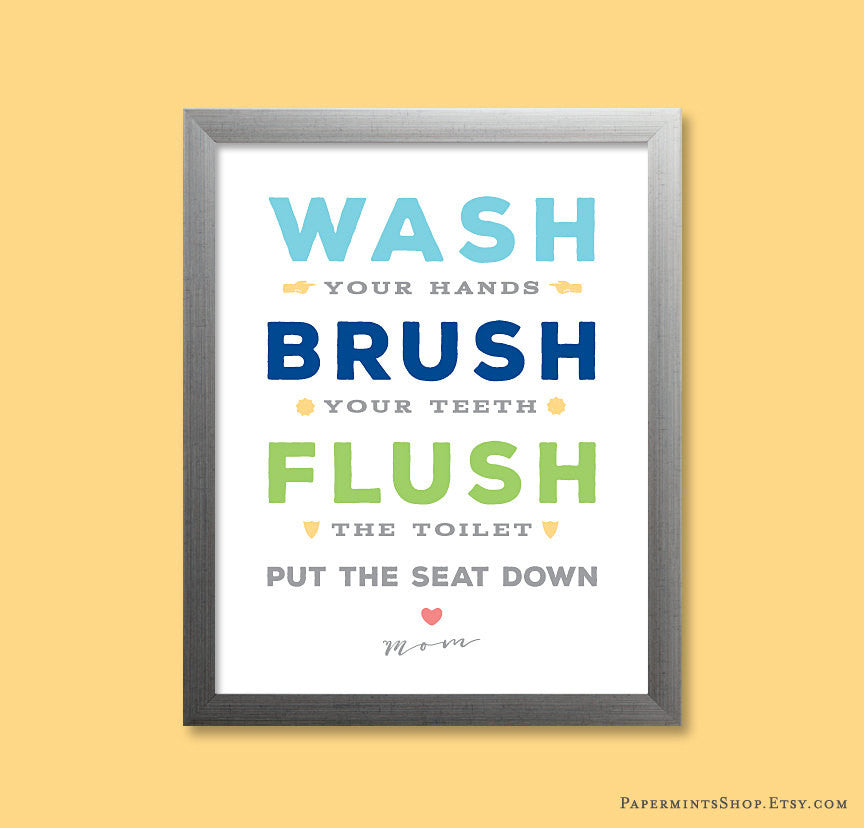 Wash Brush Flush Kids Bathroom Wall Art Kids Rules Bathroom Decor Bathroom Rules Bathroom Print