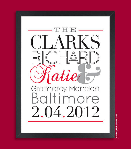 Unique Wedding Gift, Gift for Couple - Personalized Name Art Print (Black & Red), custom colors