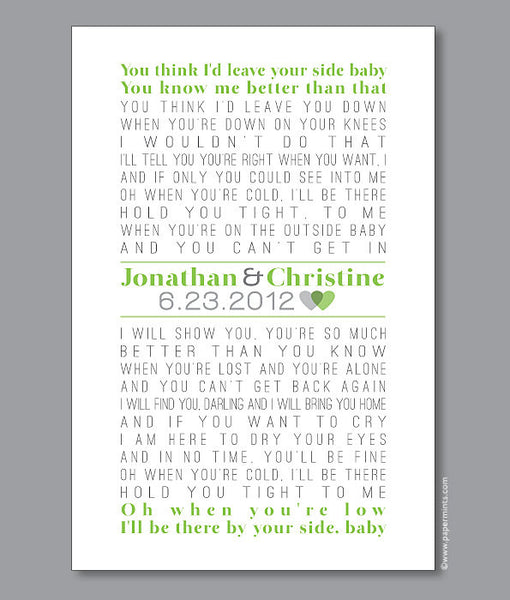 Wedding Guest Book Alternative, Song Lyrics Print, first dance, green and gray, custom colors