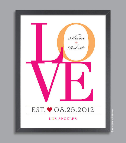 Wedding Gift for Couple Personalized LOVE Wall Art Wedding Couple Wall Print, Custom City or State (orange and fuchsia)