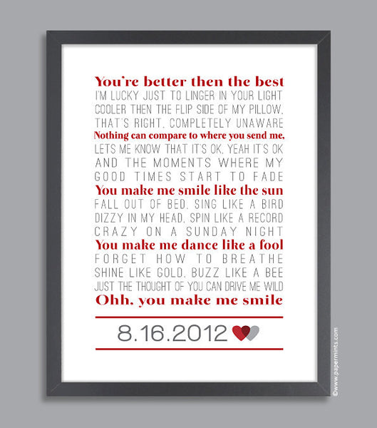 Custom Song Lyrics Wall Print (custom song lyrics and date)