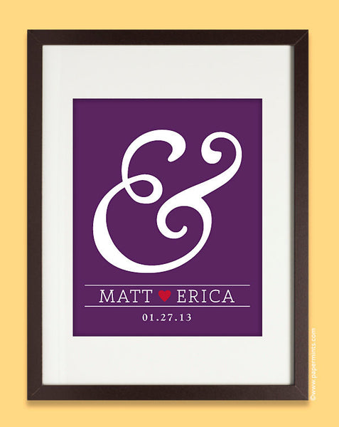 Custom Wedding Gift - Personalized Ampersand Wall Art Print  8x10, anniversary gift, bridal shower present, custom colors