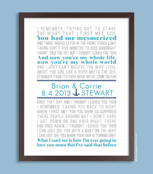 Nautical Wedding Print, Song Lyrics, Beach (custom song lyric art) aqua and navy, custom colors