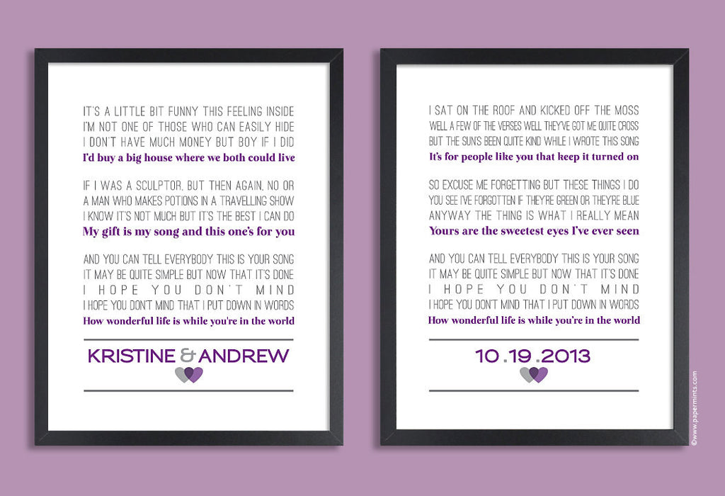 Personalized Wedding Gift, First Dance Song, Wedding Vow, Set of two prints, Custom colors