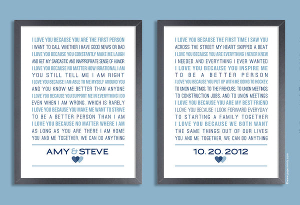 Personalized Wedding Vows, Keepsake Print 11x14 Set of two prints (song lyrics, poem, vows ) Wedding gift, 1st Anniversary, Custom colors