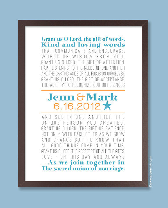 Starfish Nautical Wedding Print, Personalized Beach Wedding (song lyrics, wedding poem, wedding vows) aqua and orange, custom colors