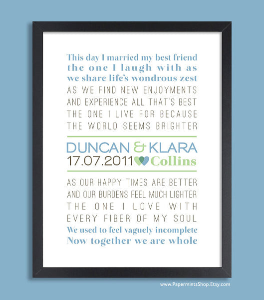 Custom Wedding Gift, Personalized Wedding Gift, Wall Print (vows, custom song, poem) blue & green, custom colors